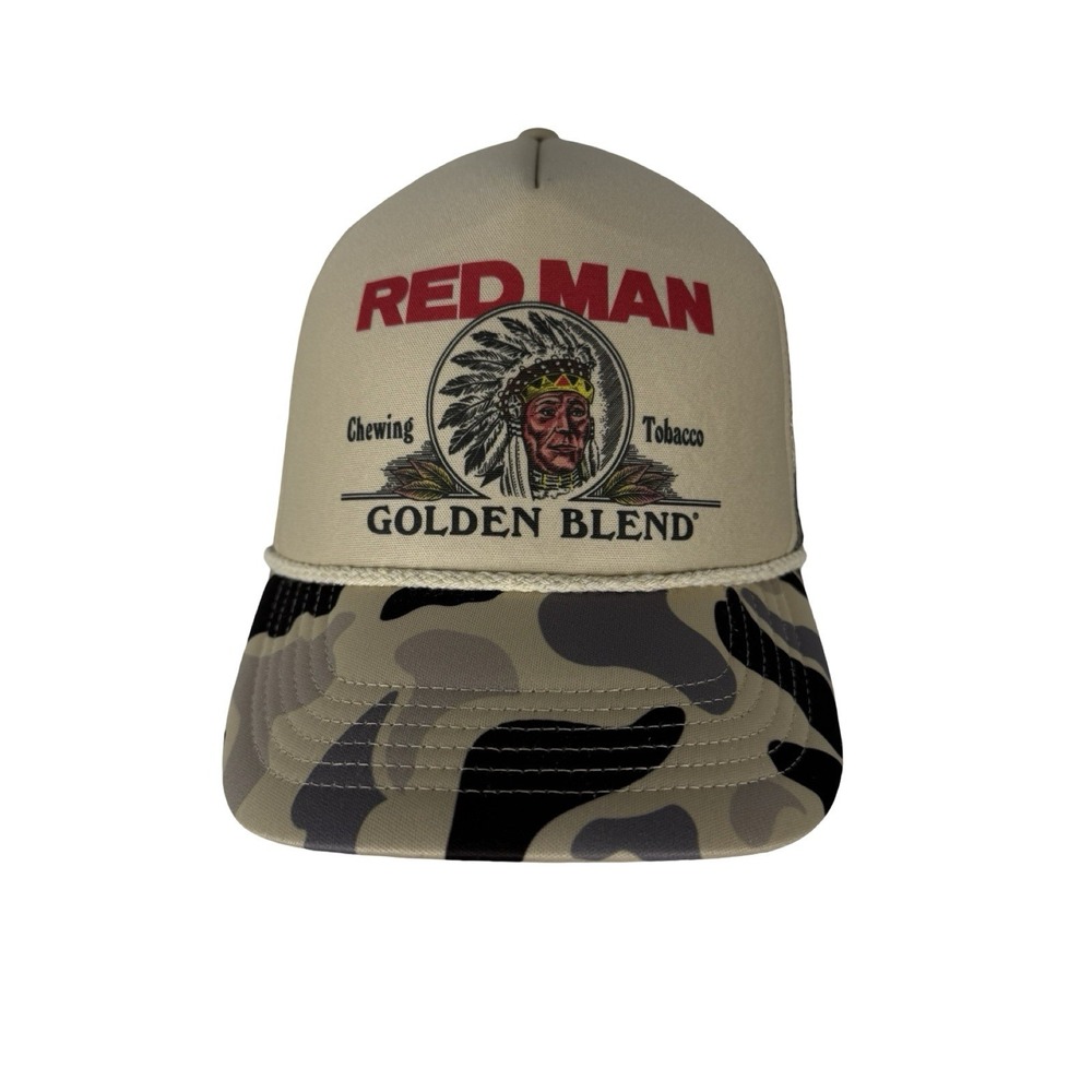 Red Man Chewing Tobacco Golden Blend Camo Trucker Hat Snapback Cap Tan Retro